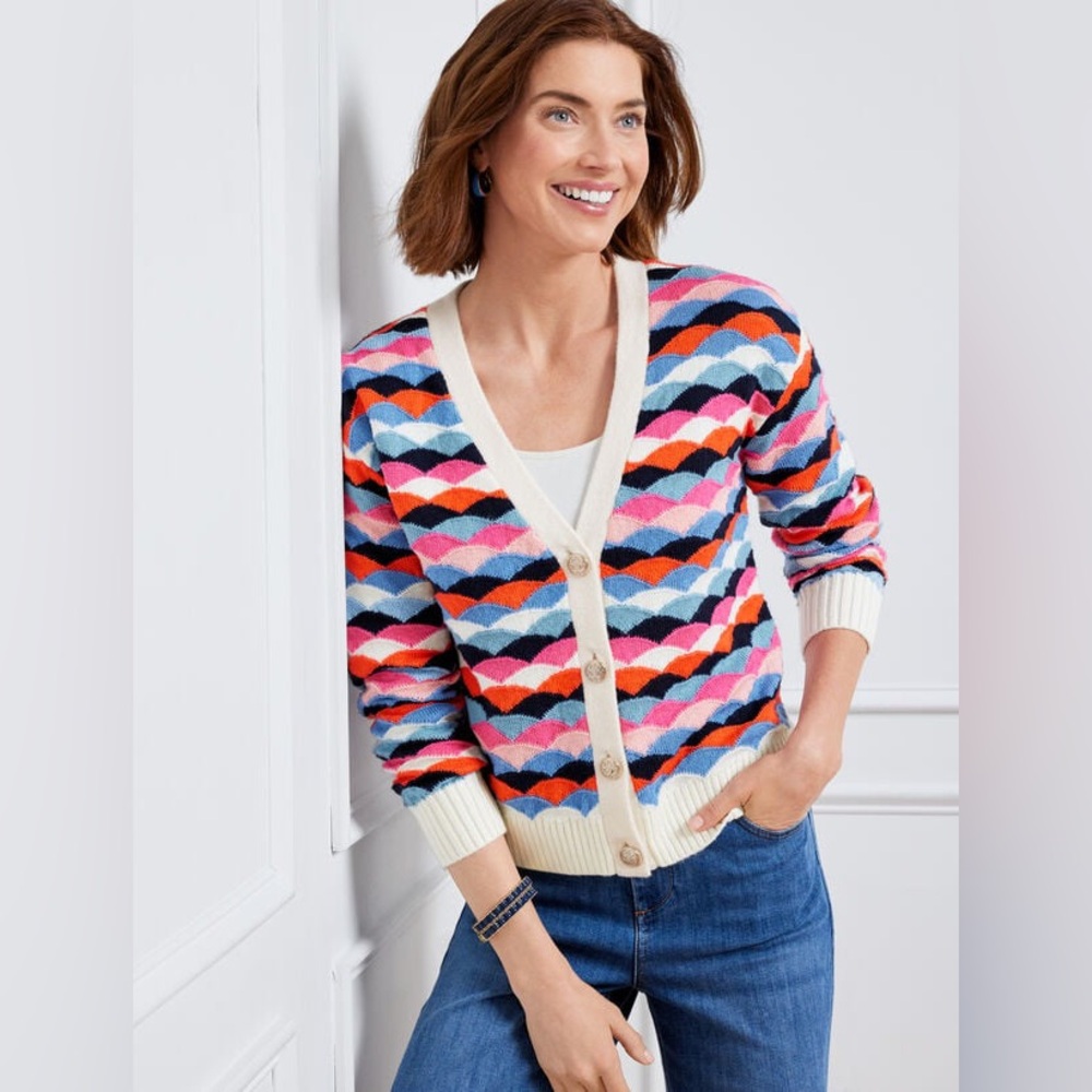 Talbots V-NECK CARDIGAN - SCALLOP STRIPE | Size: Large | NWT